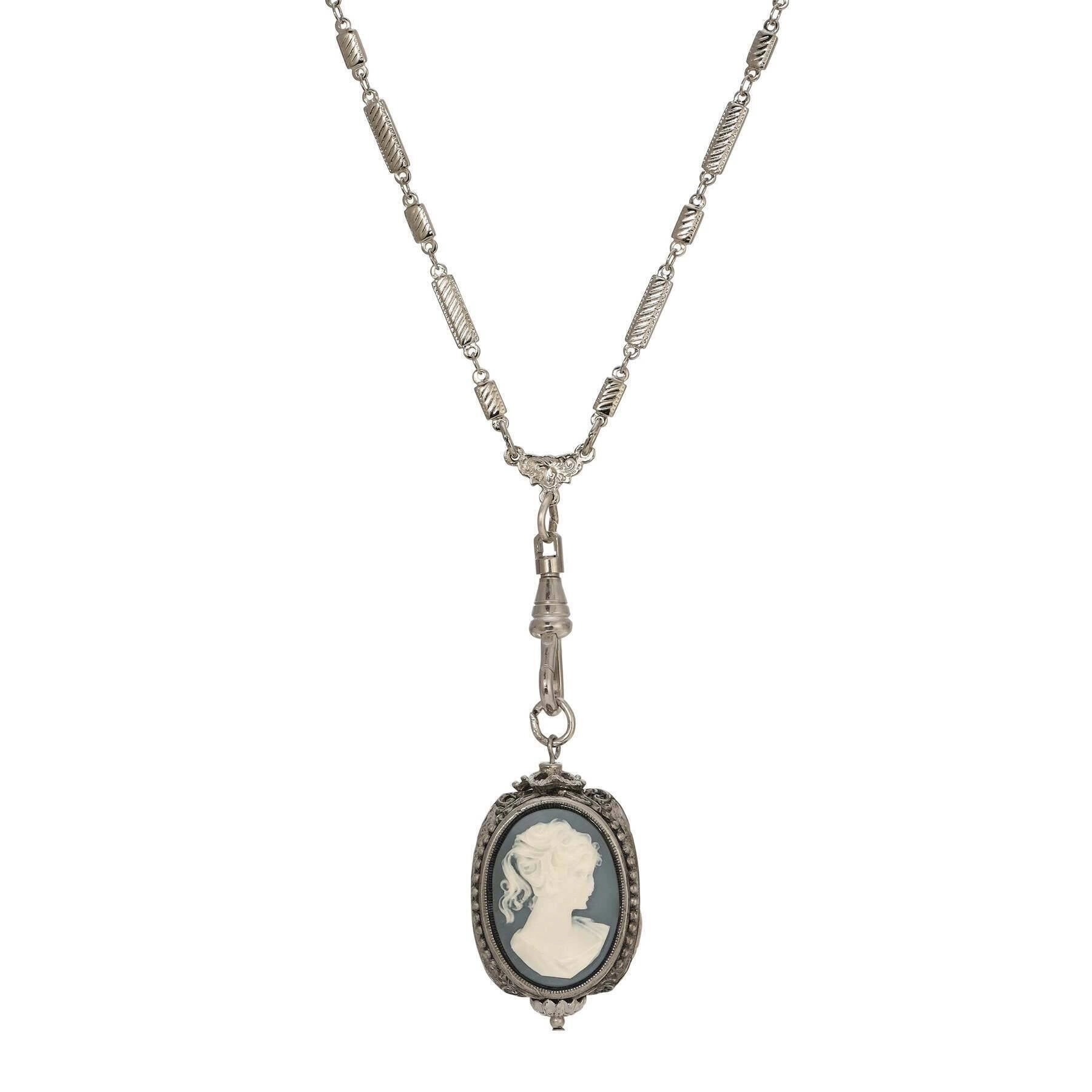 1928 Jewelry Tripe Victorian Cameo Swivel Pendant Necklace 28"