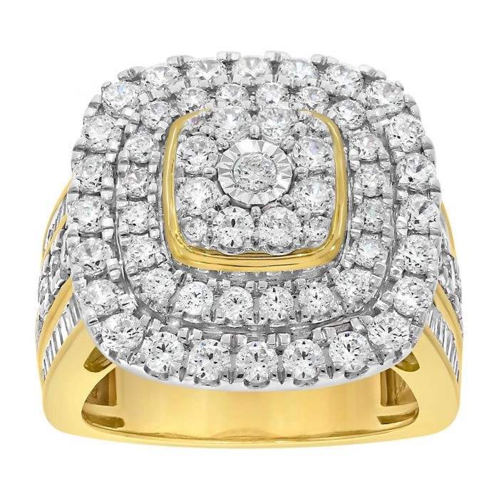 9ct Yellow Gold 3.05 Carat Diamond Ring with Brilliant and Tapered Baguette Diamonds