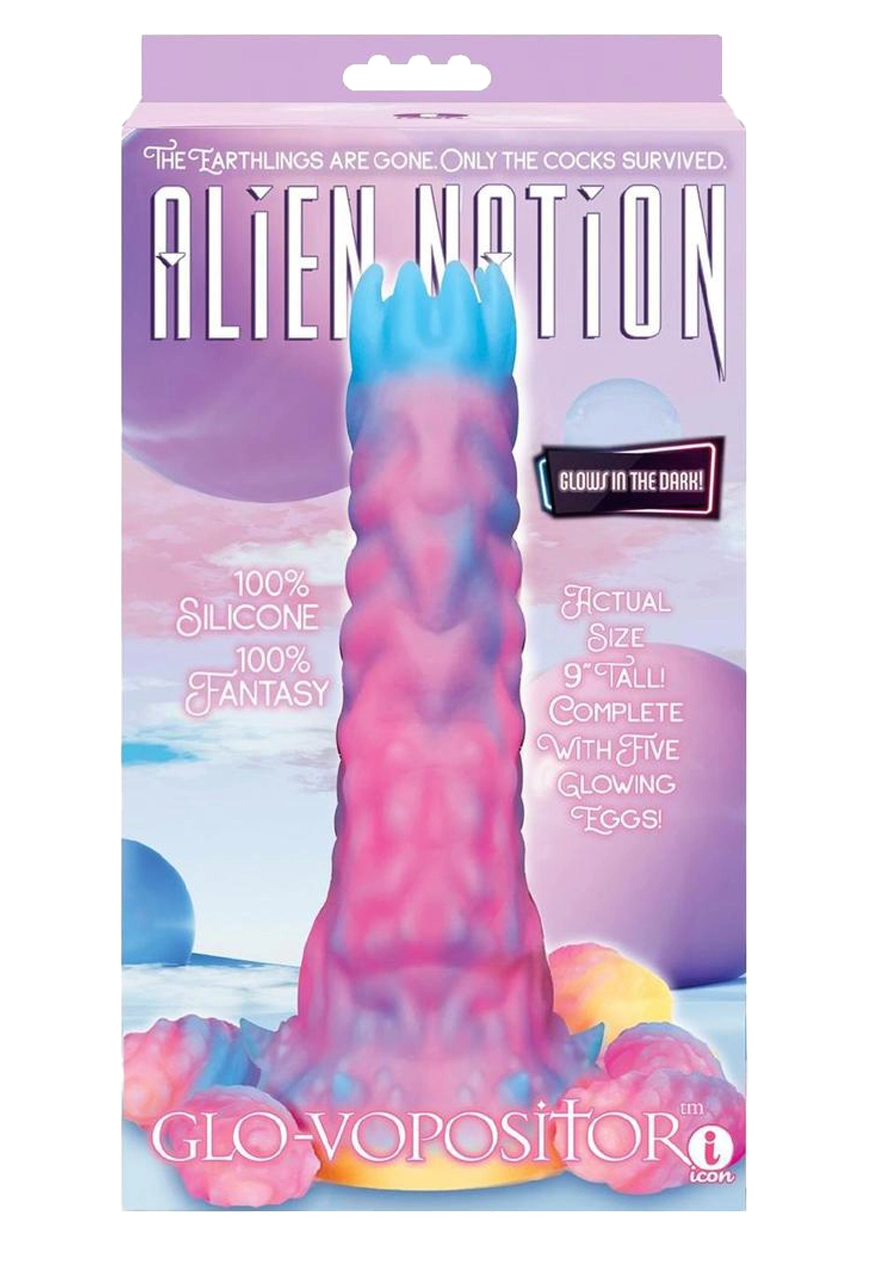 Alien Nation Glo-Vopositor Silicone Glow in the Dark Dildo with Eggs - Pink/Blue