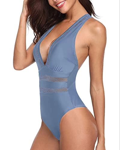 Alluring Criss-Cross Back V Neck One Piece Swimsuits-Grey