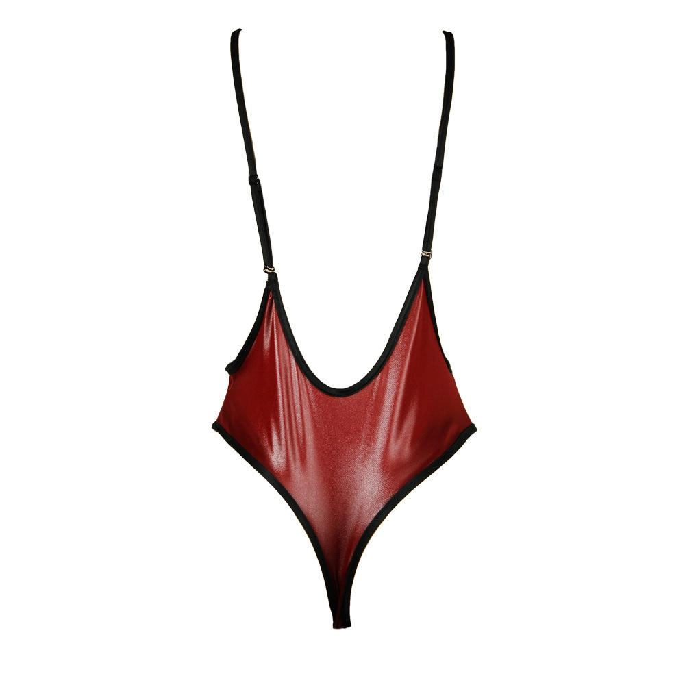 Deep V Sexy Shiny Black Faux leather One-piece swimsuit