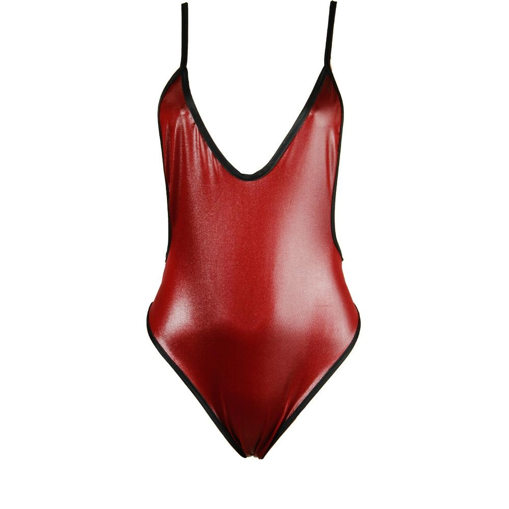 Deep V Sexy Shiny Black Faux leather One-piece swimsuit