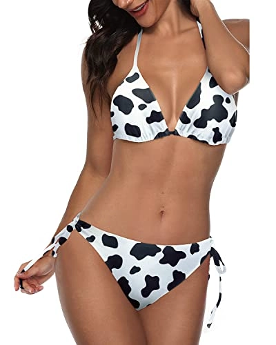Double Rise And Scrunch Cheeky Triangle Bikini Bathing Suit-Black And White Cow Pattern