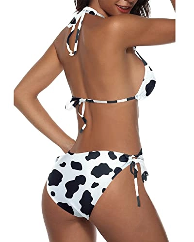 Double Rise And Scrunch Cheeky Triangle Bikini Bathing Suit-Black And White Cow Pattern