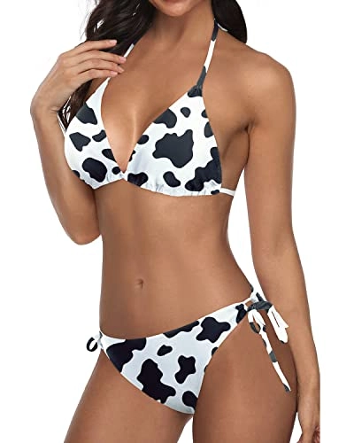 Double Rise And Scrunch Cheeky Triangle Bikini Bathing Suit-Black And White Cow Pattern