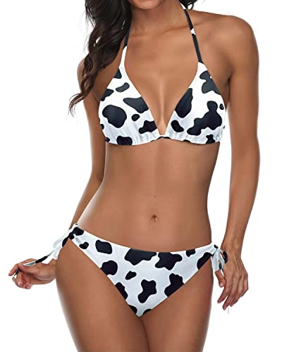 Double Rise And Scrunch Cheeky Triangle Bikini Bathing Suit-Black And White Cow Pattern