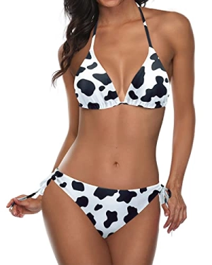 Double Rise And Scrunch Cheeky Triangle Bikini Bathing Suit-Black And White Cow Pattern