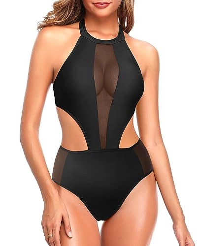 Halter High Neck Mesh Cutout One Piece Swimsuit