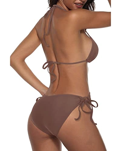 Halter Padded Top Tie Side Bottom Triangle Push Up Bikini-Light Brown