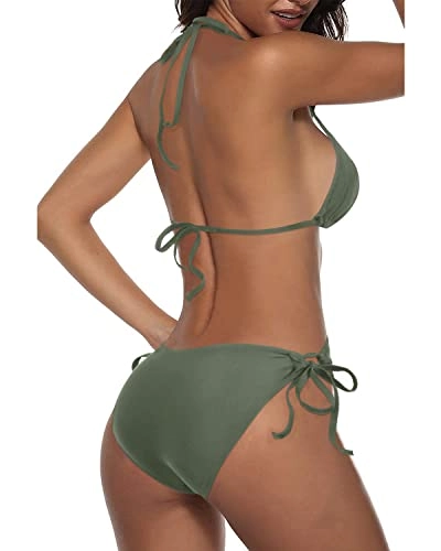 Halter Padded Top Tie Side Triangle Bikini Sets For Women-Olive Green