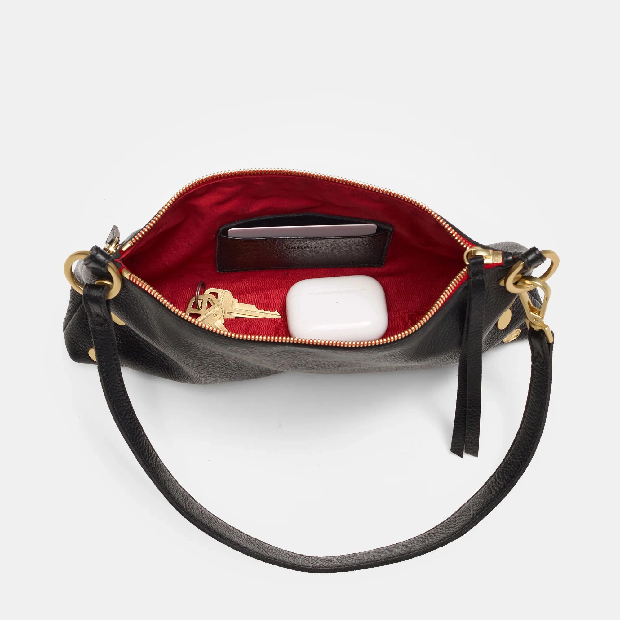 Hammitt Kyle Leather Shoulder Handbag Black/Brushed Gold Red Zip