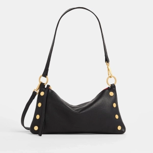 Hammitt Kyle Leather Shoulder Handbag Black/Brushed Gold Red Zip