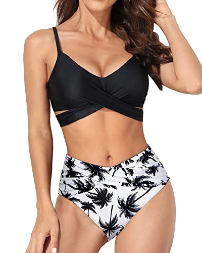 High Waisted Wrap Twist Front Two Piece Bikini Swimsuits-Black Palm Tree