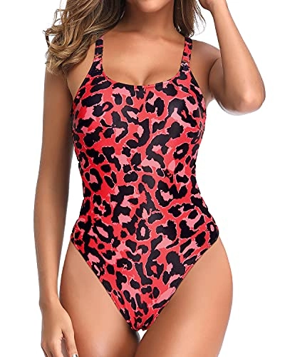 Low Neckline Side Strap Ladies One Piece Swimsuits-Red Leopard