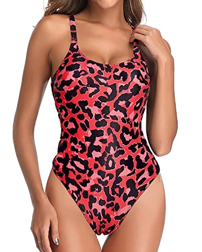 Low Neckline Side Strap Ladies One Piece Swimsuits-Red Leopard