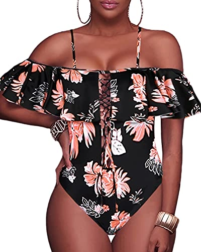 Off-Shoulder Lace-Up One Piece Swimsuit For Women-Black Orange Floral