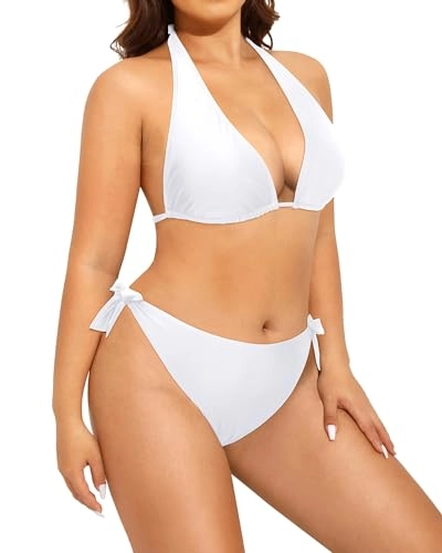 Plus Size Triangle Bikini Mid Waist Two Piece Halter Tie Side Swimsuit For Women