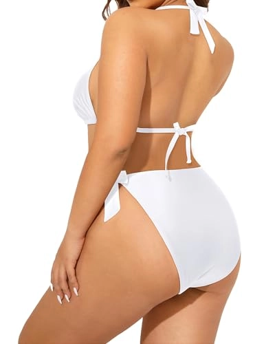Plus Size Triangle Bikini Mid Waist Two Piece Halter Tie Side Swimsuit For Women