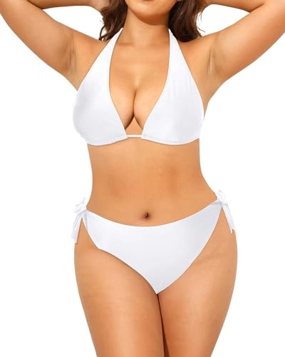 Plus Size Triangle Bikini Mid Waist Two Piece Halter Tie Side Swimsuit For Women