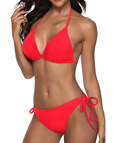 Push Up Enhancement Women Two Piece Halter Bikini-Neon Red