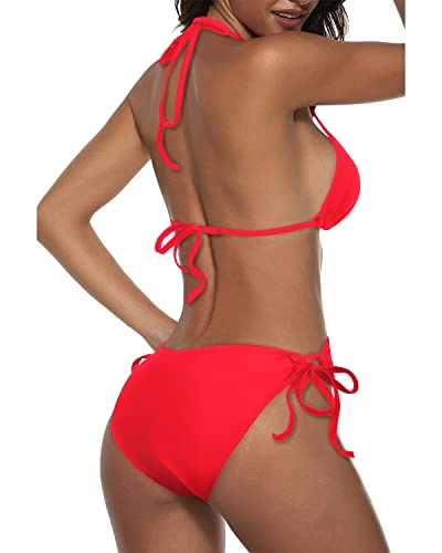Push Up Enhancement Women Two Piece Halter Bikini-Neon Red