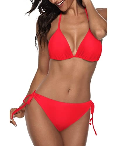 Push Up Enhancement Women Two Piece Halter Bikini-Neon Red