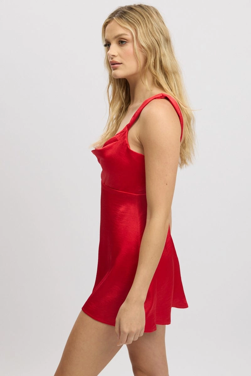 Red Mini Dress Cowl Neck Satin