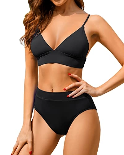 Sexy High Waisted Bikini Set Two Piece Triangle Bathing Suits-Black