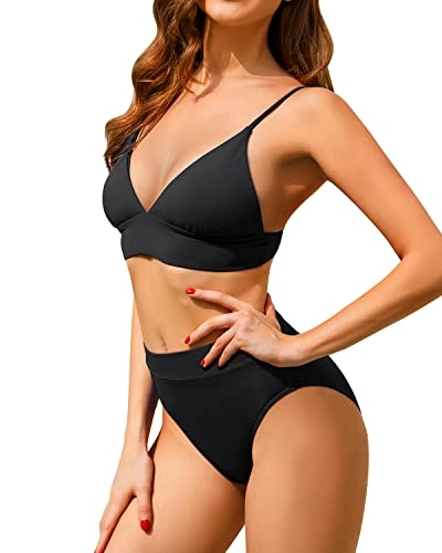Sexy High Waisted Bikini Set Two Piece Triangle Bathing Suits-Black