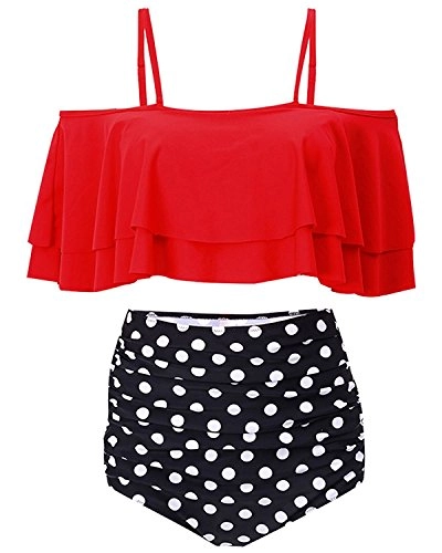 Sexy High Waisted Ruched Two Piece Bikini Set Swimsuit-Red Dot