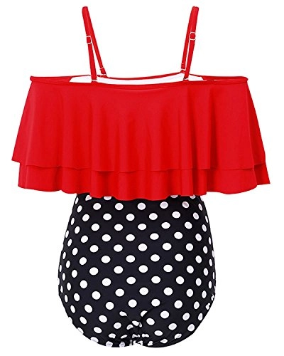 Sexy High Waisted Ruched Two Piece Bikini Set Swimsuit-Red Dot
