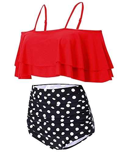 Sexy High Waisted Ruched Two Piece Bikini Set Swimsuit-Red Dot
