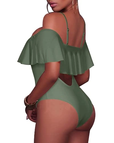 Sexy Lace-Up Off The Shoulder One Piece Swimsuit For Women-Olive Green