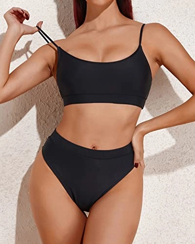 Sexy Sporty Scoop Neck Two Piece High Waisted Bikini-Black