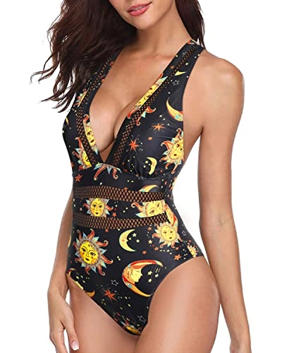 Stunning See-Through One Piece Swimsuits Bathing Suit-Black Sun And Moon