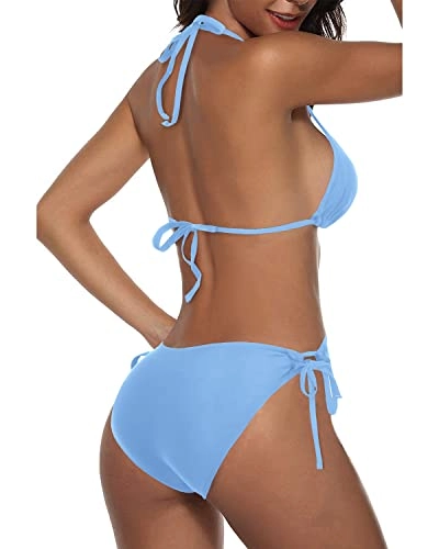 Tie Side Bottom Triangle Thong Bikini Swimsuit For Women-Light Blue