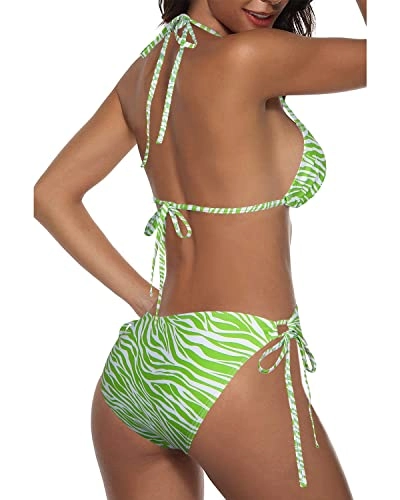 Tie-Side Bottom Women Two Piece Halter Bikini-Green Zebra