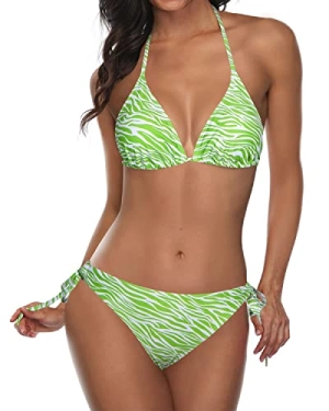 Tie-Side Bottom Women Two Piece Halter Bikini-Green Zebra