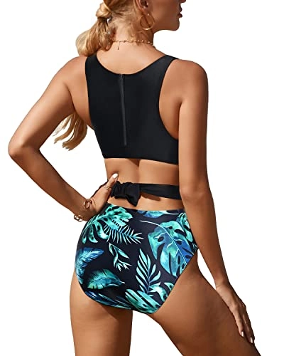 Tummy Slimming Sexy Women One Piece Swimsuits-Black And Green Leaf
