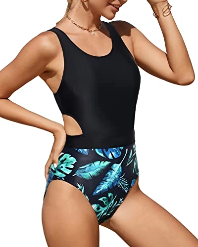 Tummy Slimming Sexy Women One Piece Swimsuits-Black And Green Leaf