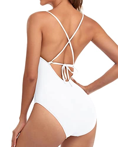 V Neck Sexy One Piece Swimsuit Cross Back One Piece Swimwear-White