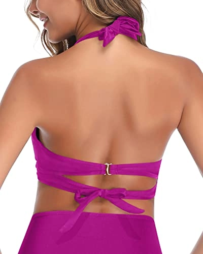 Vintage Padded Halter Retro Bikini Top For Women-Hot Pink