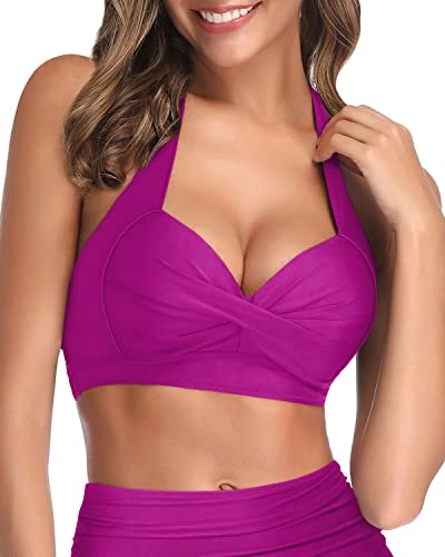 Vintage Padded Halter Retro Bikini Top For Women-Hot Pink