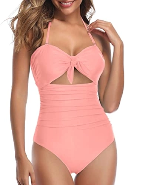 Vintage Tie Knot Pattern Sexy Cutout One Piece Swimsuits-Coral Pink