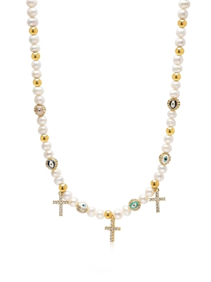 Women's Cross Pearl Choker with Evil Eyes