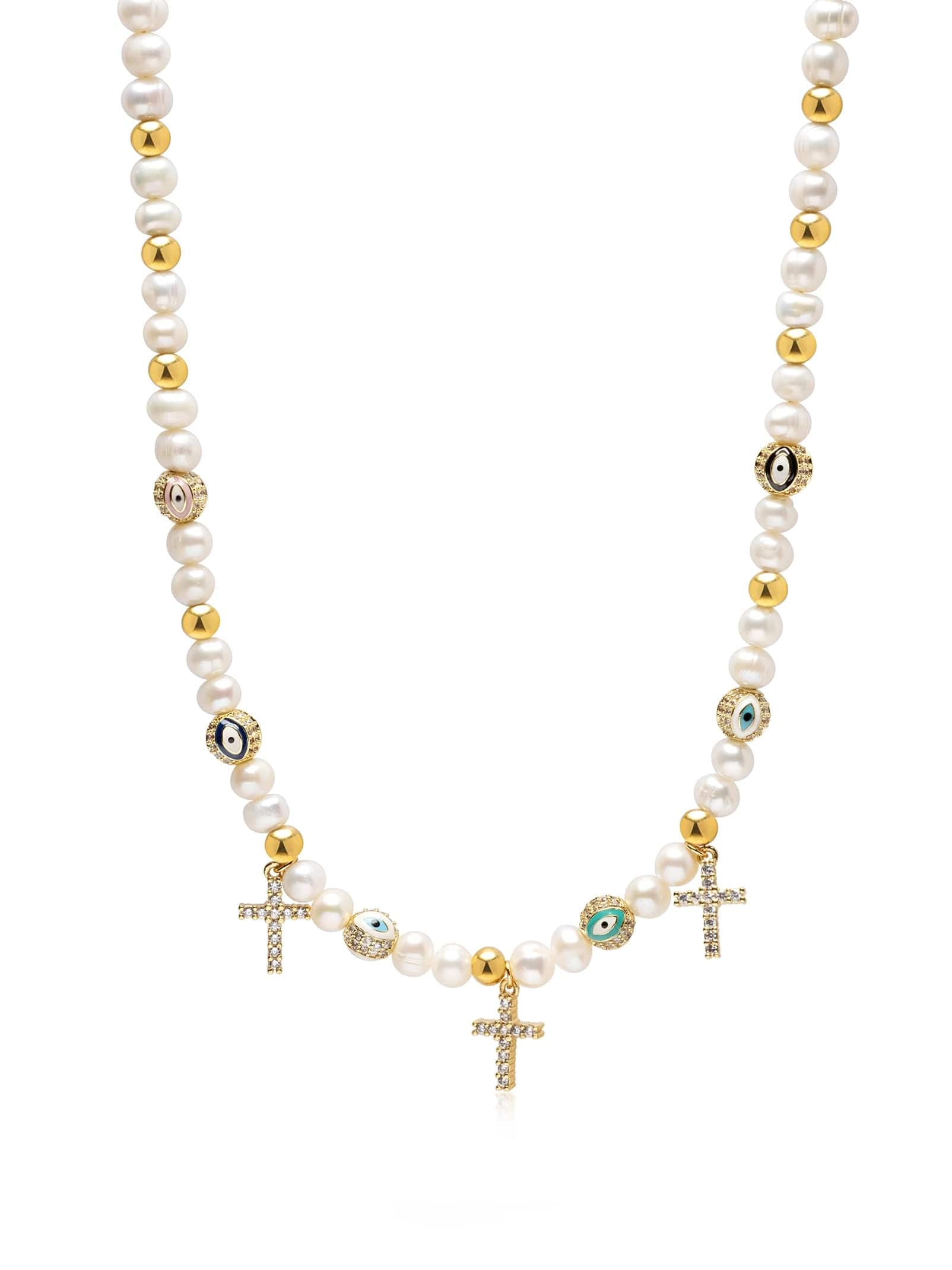 Women's Cross Pearl Choker with Evil Eyes