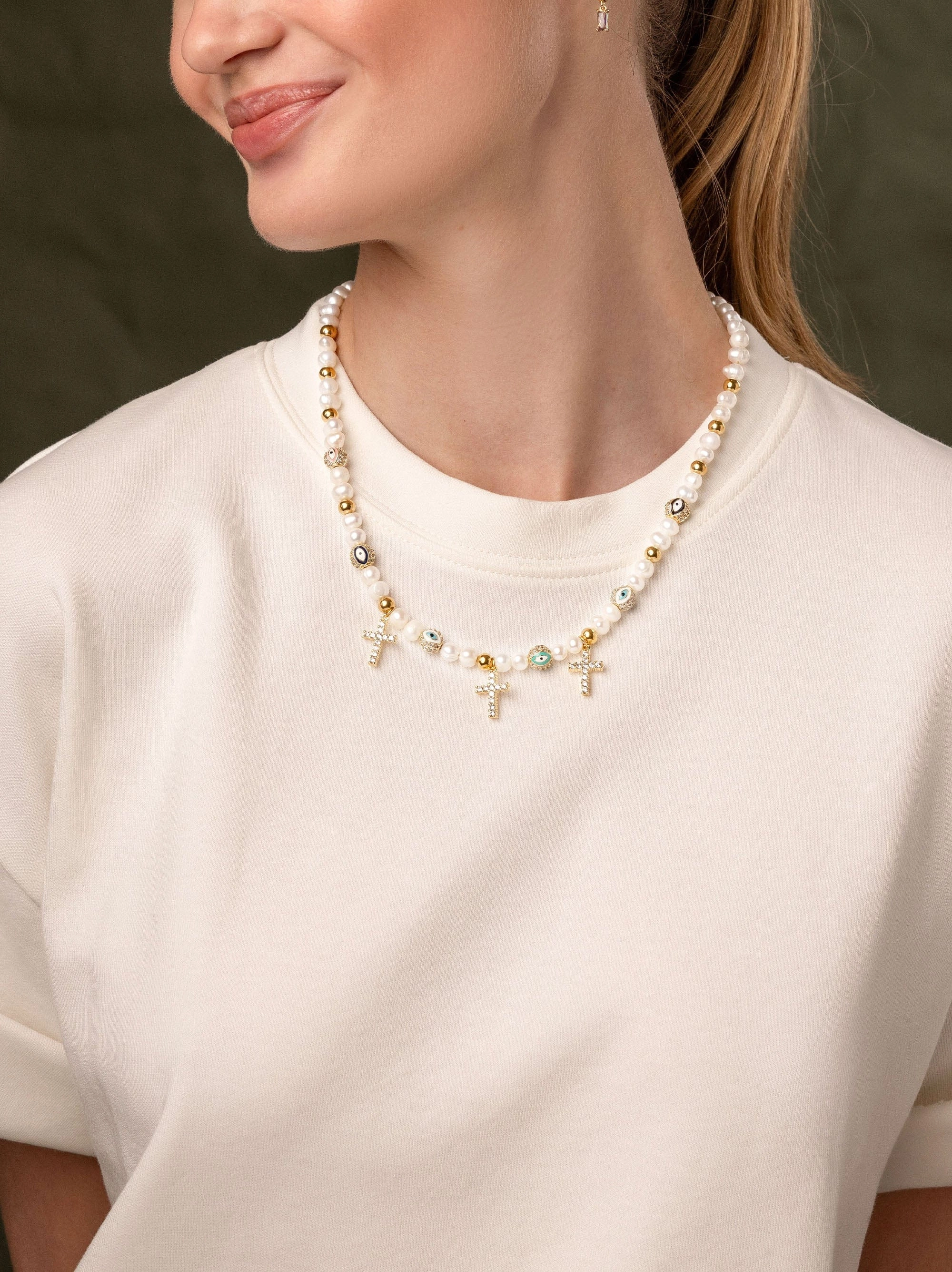 Women's Cross Pearl Choker with Evil Eyes