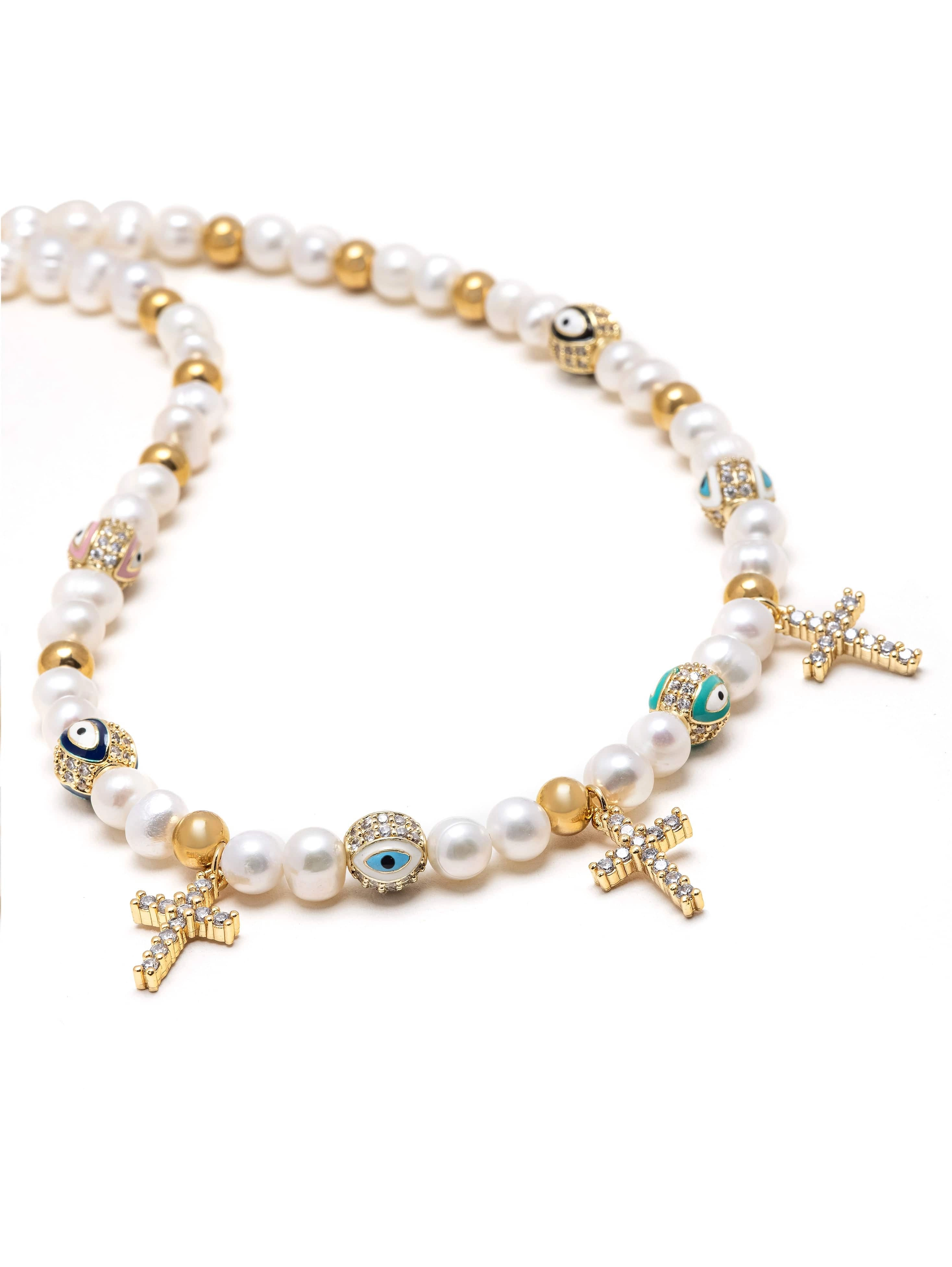 Women's Cross Pearl Choker with Evil Eyes